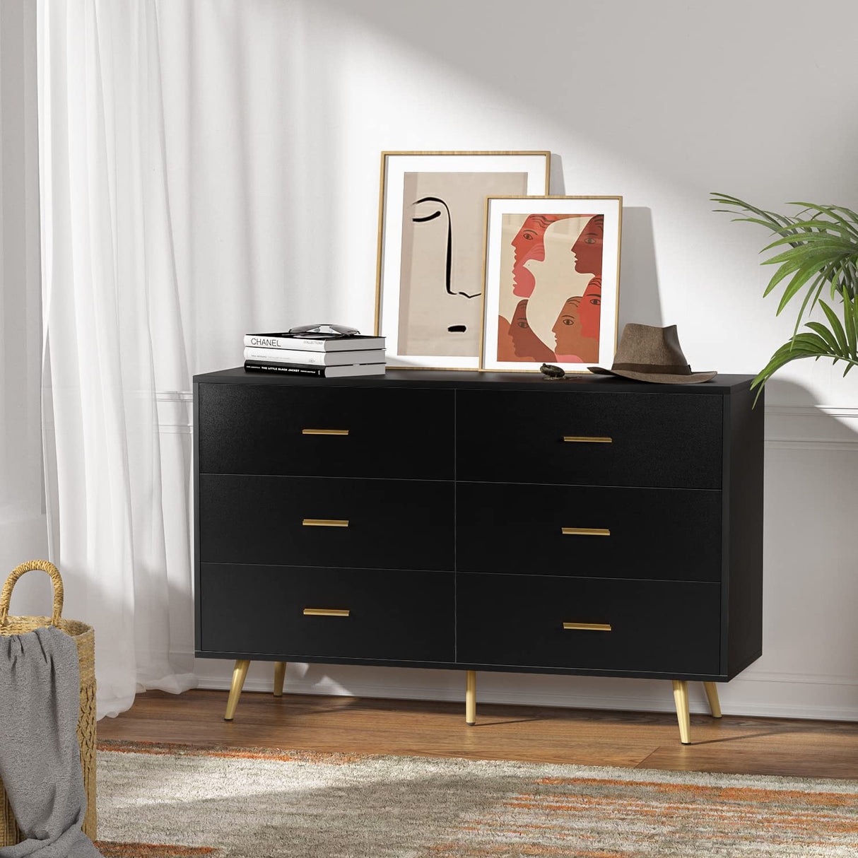 Dresser for Bedroom with 6 Drawers, Wooden Black Dresser with Golden Handles, Modern Chests of Drawer Storage Organizer for Hallway, Entryway