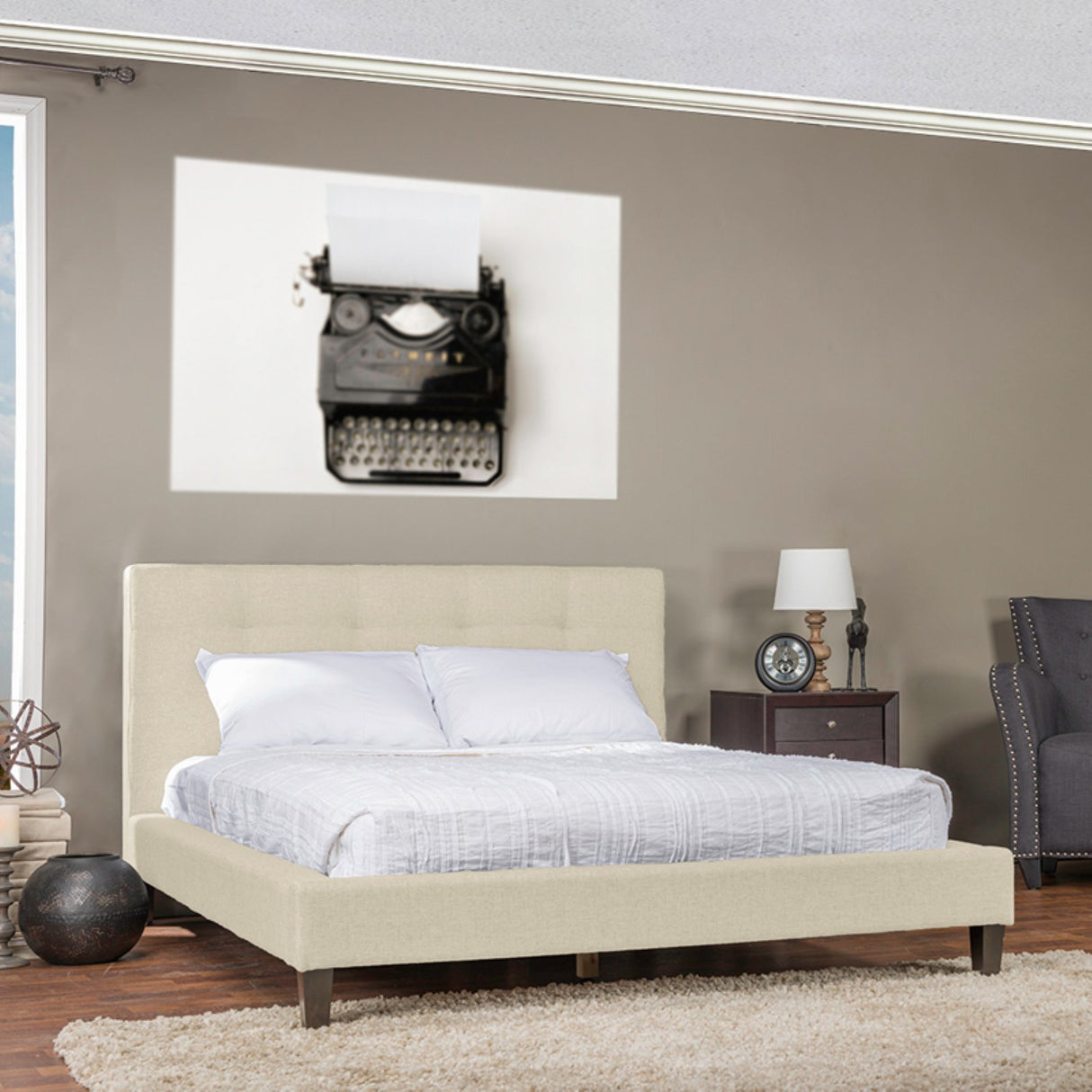 Quincy Linen Platform Bed, Full, Grey