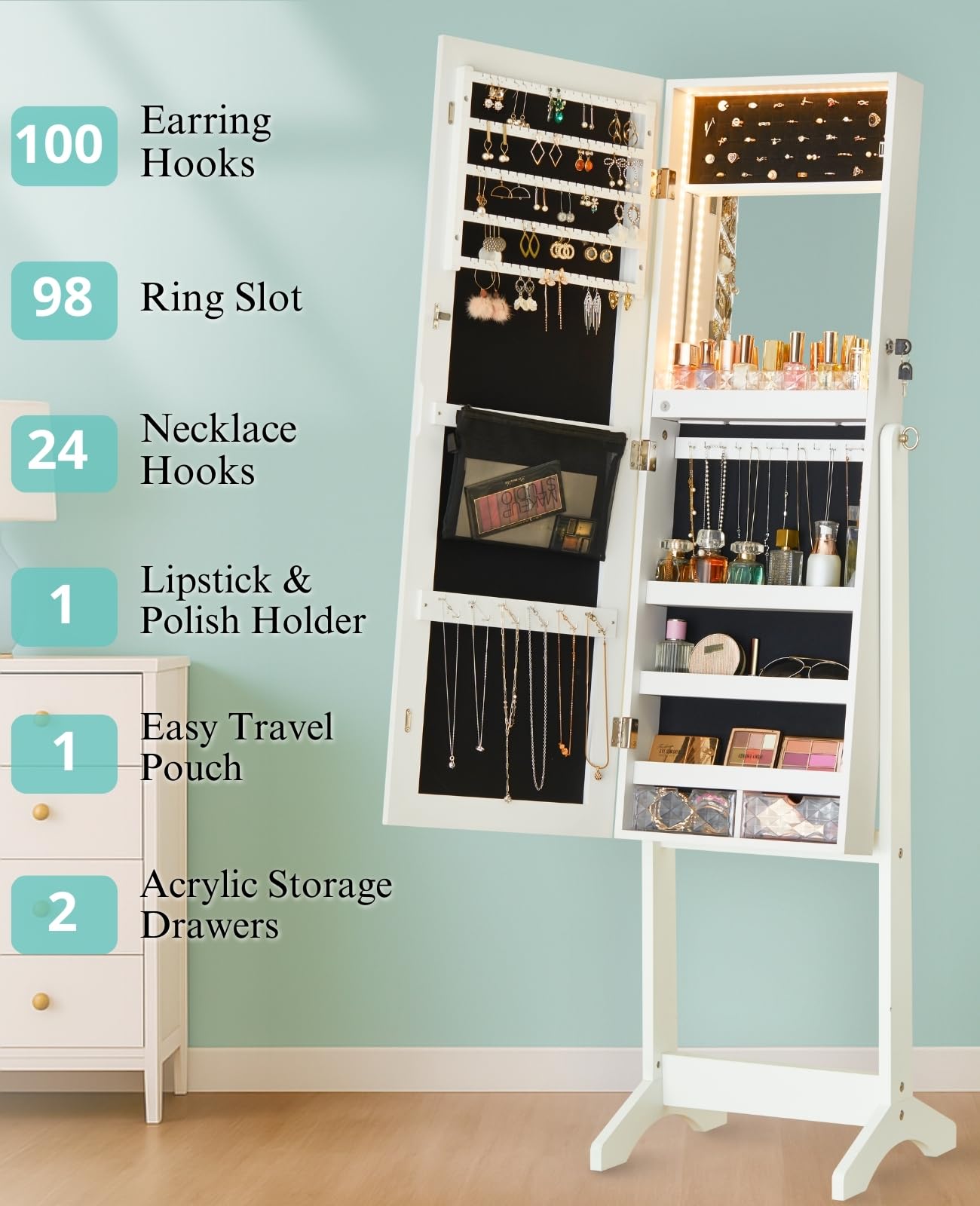 LED Full Length Mirror Jewelry Cabinet with Storage - 60 Inch Standing Armoire