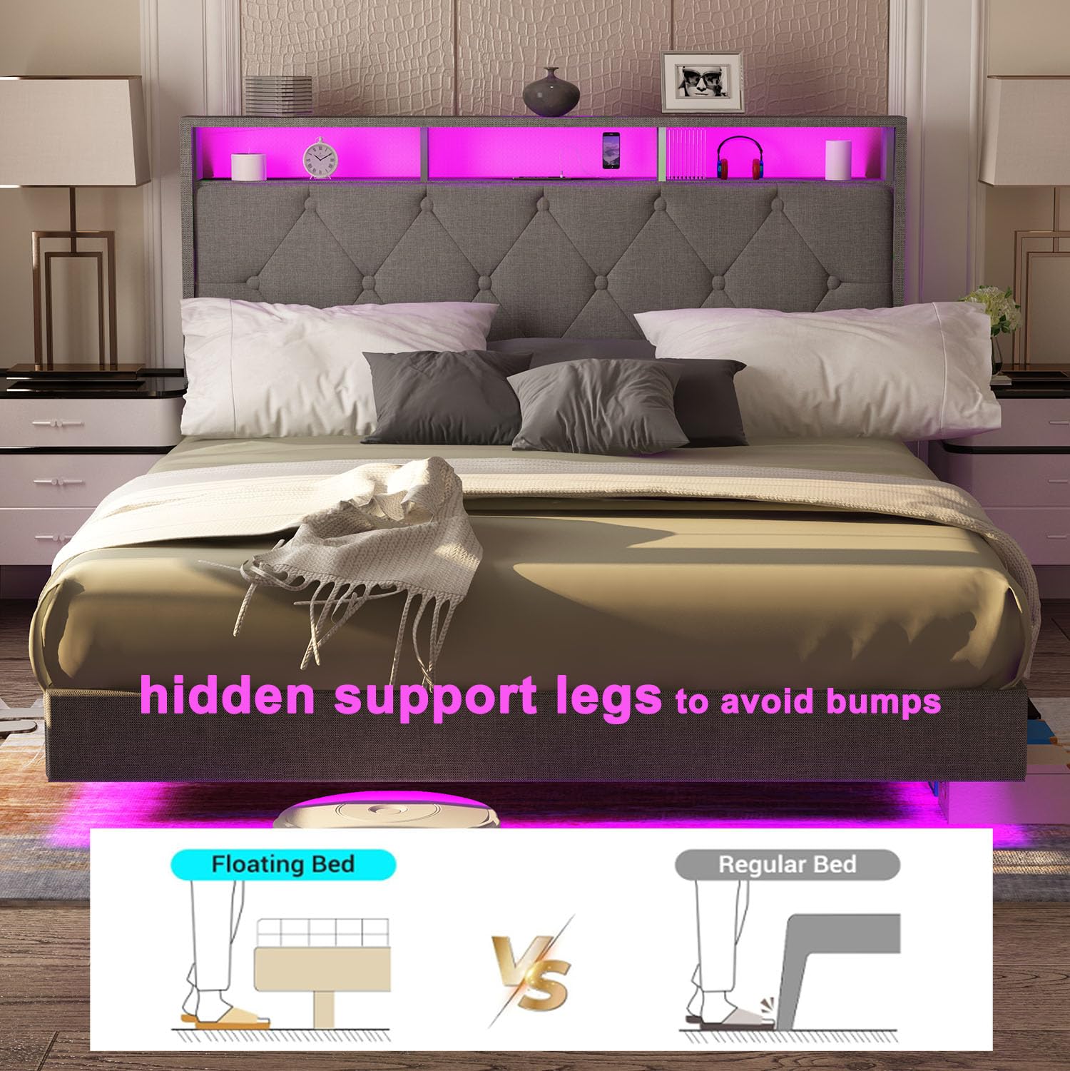 King Floating Bed Frame with LED Lights & USB Charging