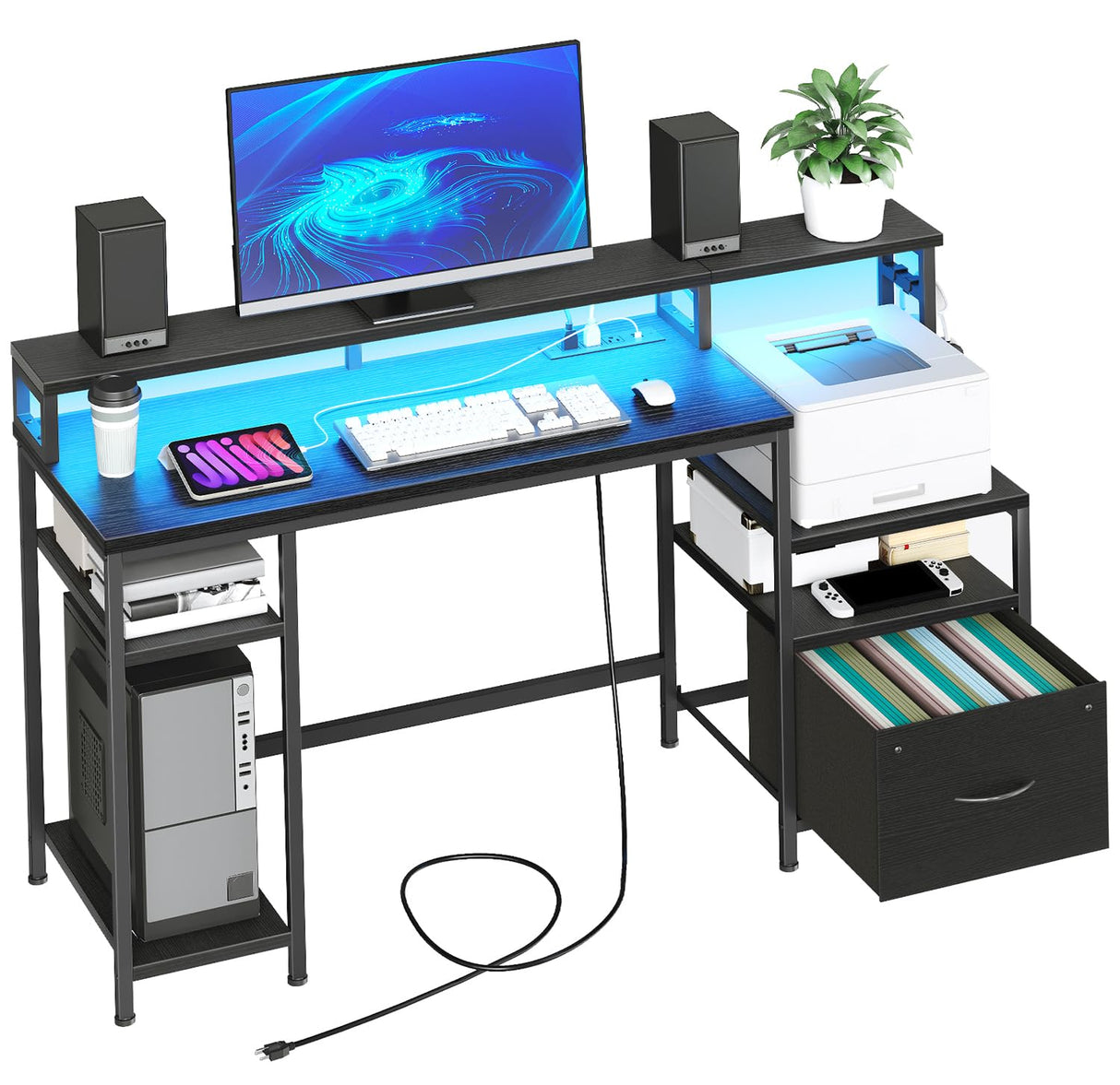 55" Computer Desk with Fabric File Drawers, Gaming Desk with Power Outlet and LED Strip, Home Office Desk with Monitor Stand and 2 Hooks for Home Office, Bedroom, Black BB46UDDN01