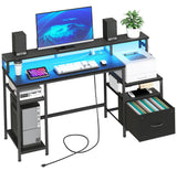 55" Computer Desk with Fabric File Drawers, Gaming Desk with Power Outlet and LED Strip, Home Office Desk with Monitor Stand and 2 Hooks for Home Office, Bedroom, Black BB46UDDN01