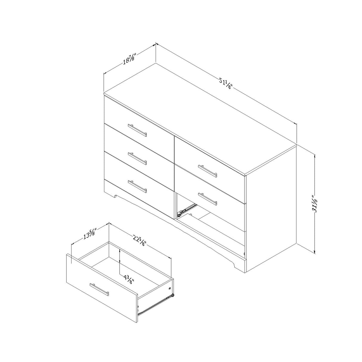 South Shore Gramercy 6-Drawer Double Dresser, 18.88"D x 51.12"W x 31.12"H, Pure White