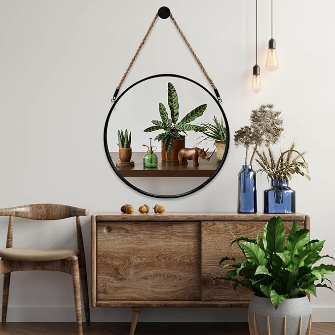 Round Hanging Mirror, Circle Wall Mirror with Rope, Farmhouse Mirror