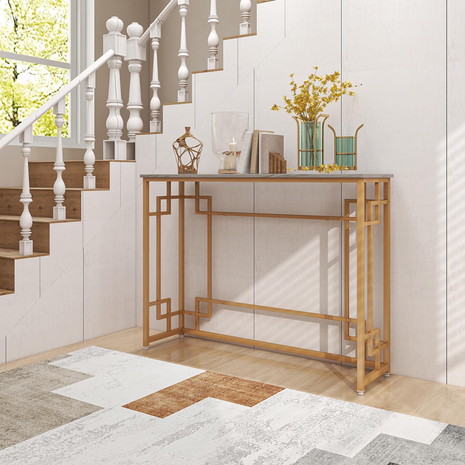 43.5" Modern Console Table, Narrow Entryway Table with Geometric Golden Frame & White Faux Marble Tabletop,