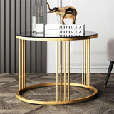 Round End Table Side Table, Marble Pattern Tempered Glass, Coffee Table with Stainless