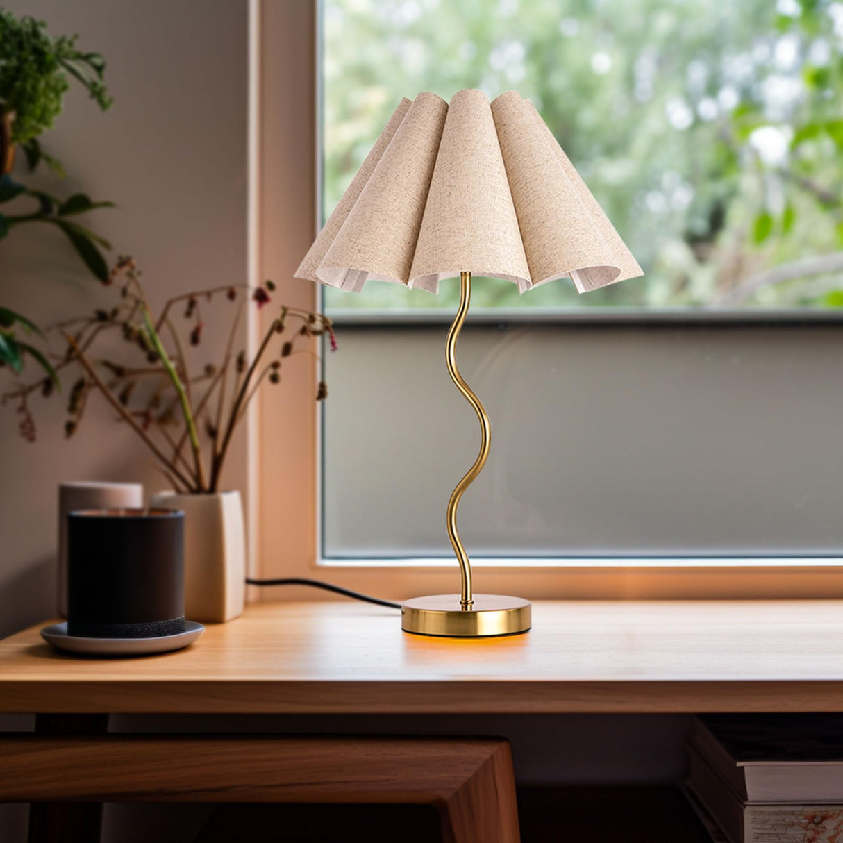 Small Table Lamp, Bedside Nightstand Lamp with Umbrella Form Fabric Lampshade