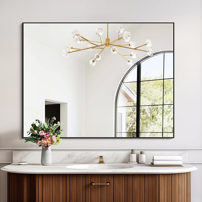 Black Bathroom Mirror, 48"X36" Rectangle Mirrors for Wall Metal Frame