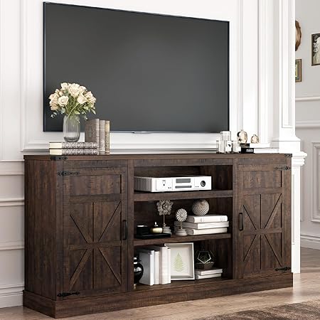 66" Farmhouse TV Stand with Power Outlets for 75 65 Inch TVs, 33" Tall Entertainment