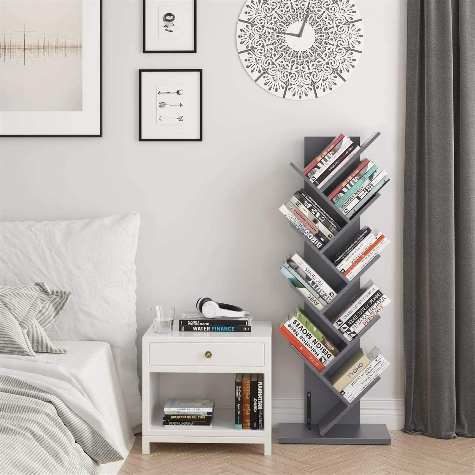 SUNESA Bookshelf Wooden Bookshelf Floor Standing Bookcase Tree-Shaped Bookshelf, 8 Layers, Iron Gray, Bookshelf Shelf, Used for Home Office. Freestanding Bookshelves Tree Bookshelf
