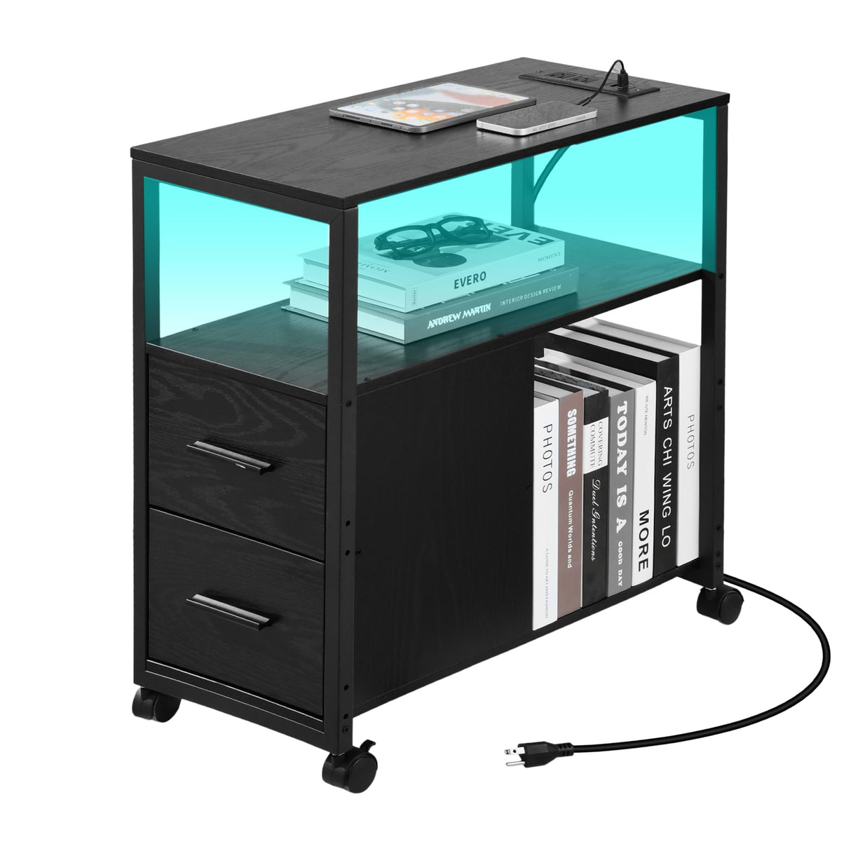 Side Table with Charging Station, End Table with Led Light, Black Nightstand with 2 Drawers, 3-Tier Storage, Wheels and USB Ports & Outlets for Bedroom