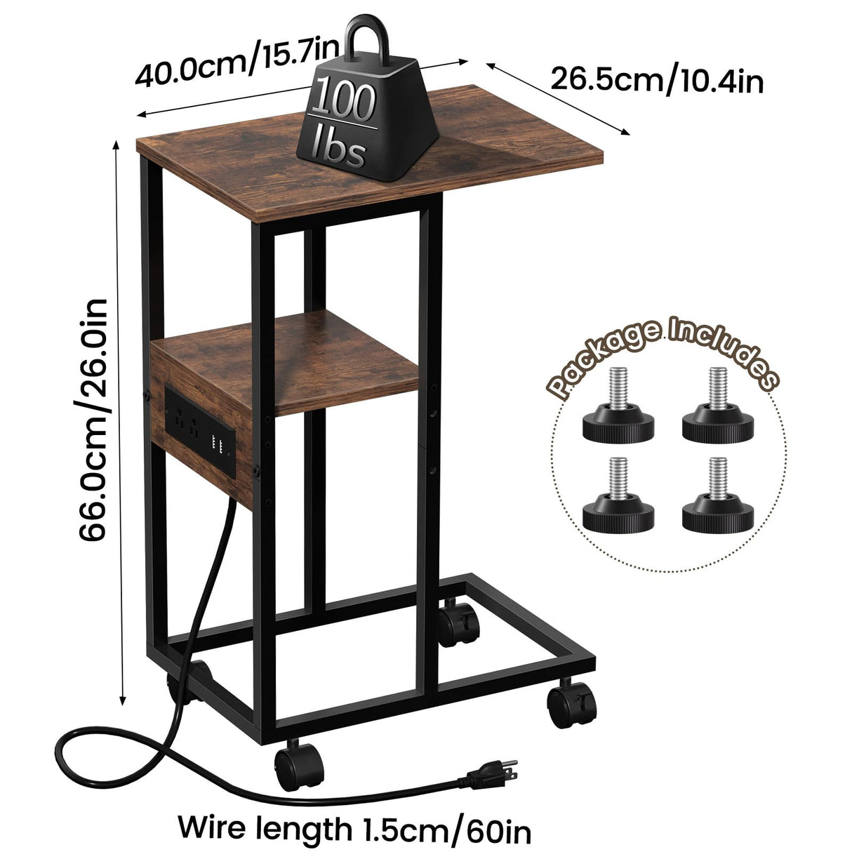 C Shaped End Table, Side Table with Charging Station, Nightstand, Sofa Table