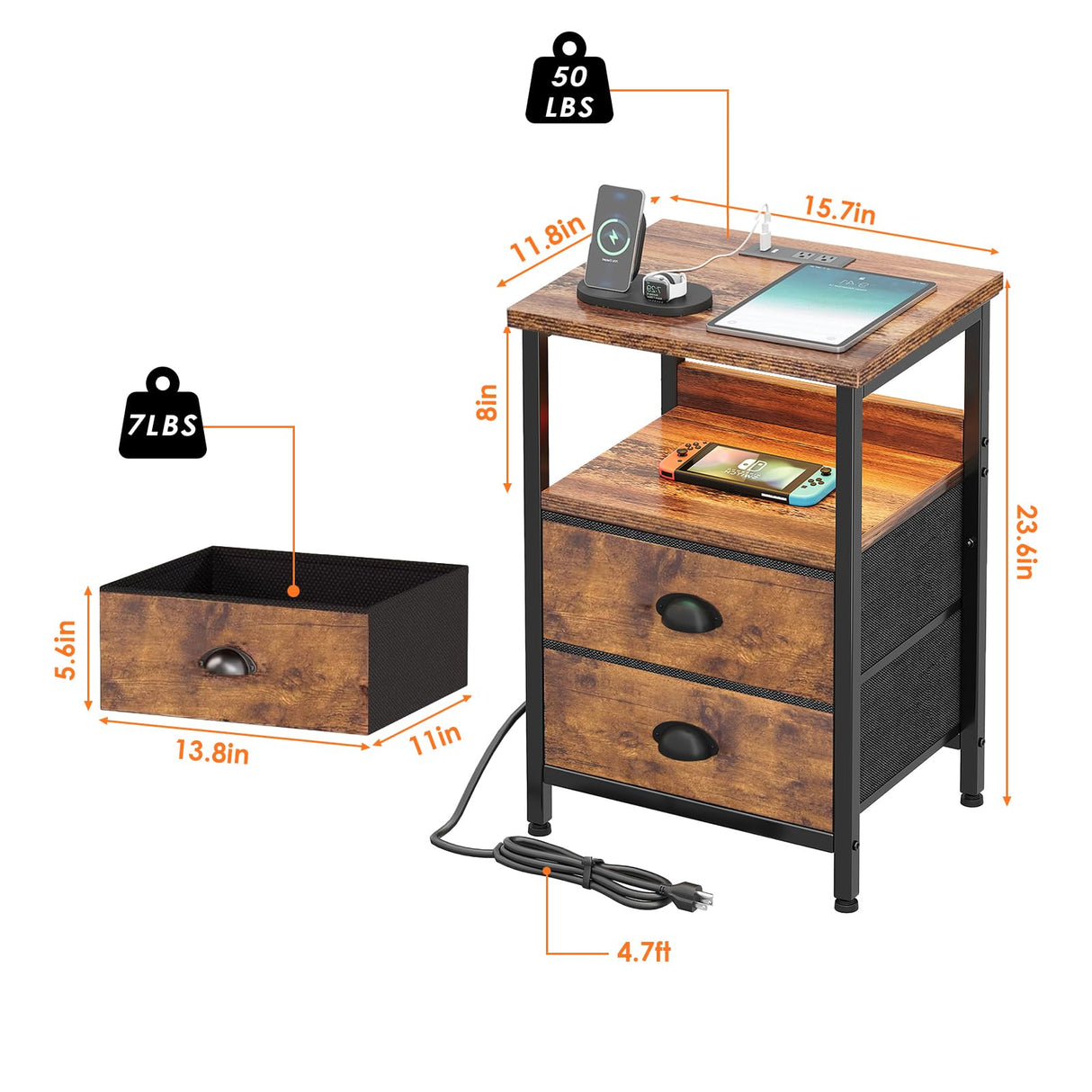 Nightstand with Charging Station,End Table with LED Light for Bedroom,Side Table with Drawers&Open Shelf