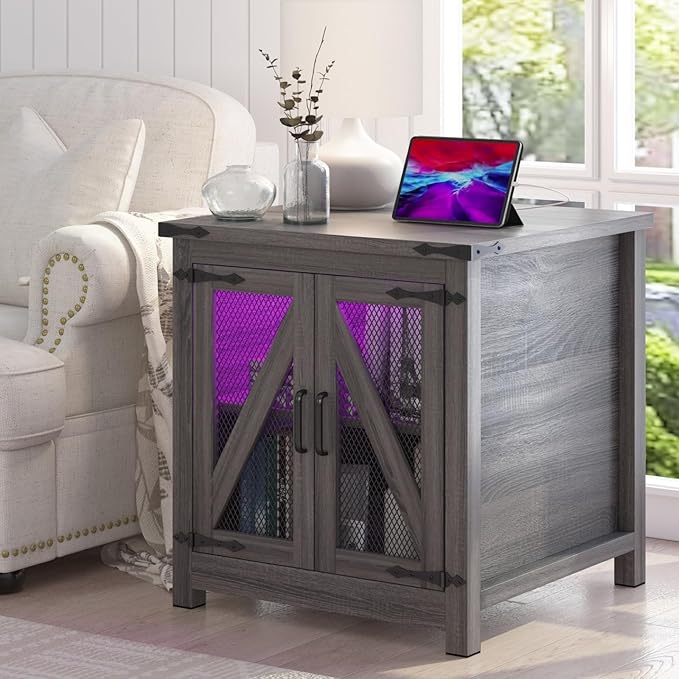 End Table, 24" Large Sofa Side Table with Charging Station, Mesh Barn Door