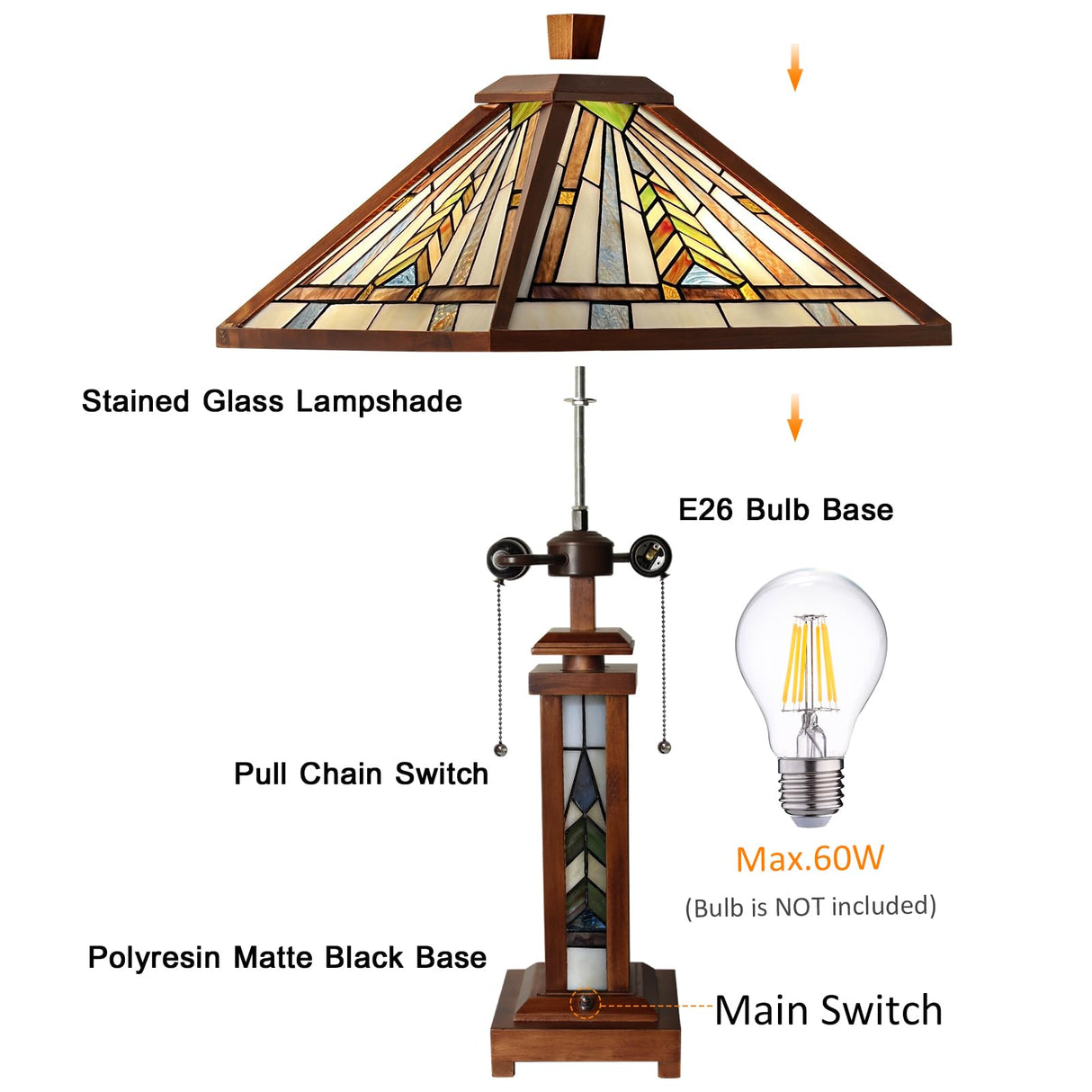 Capulina Tiffany Lamp Stained Glass Table Lamp 3-Light 15X15X26 Inches Wooden Base Mission Brown Tiffany Style Desk Lamp with Night Light Decor for Home Office Living Room Bedroom