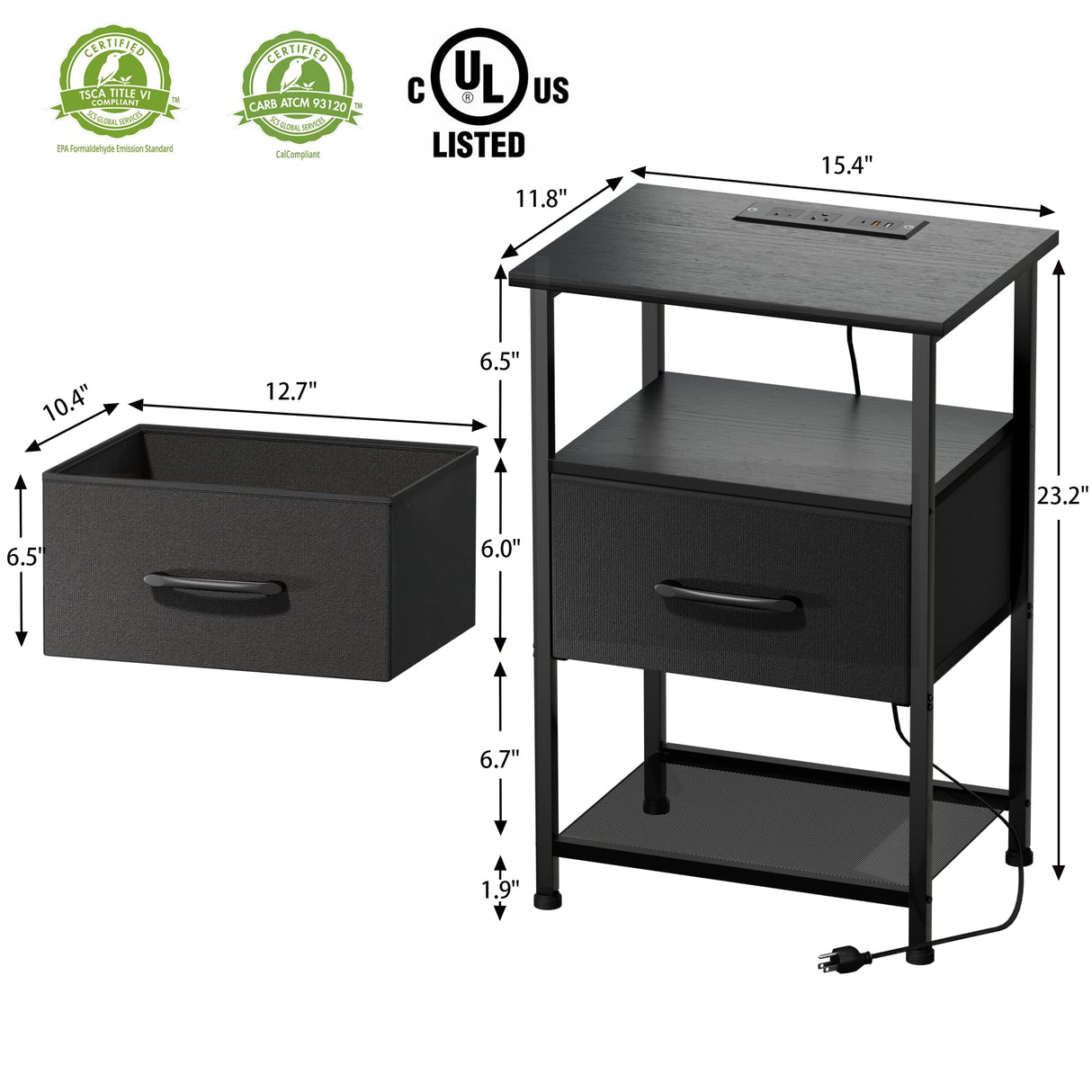 Nightstands Set of 2 with Fast Charging Station and Drawer, End Table Bedside Table