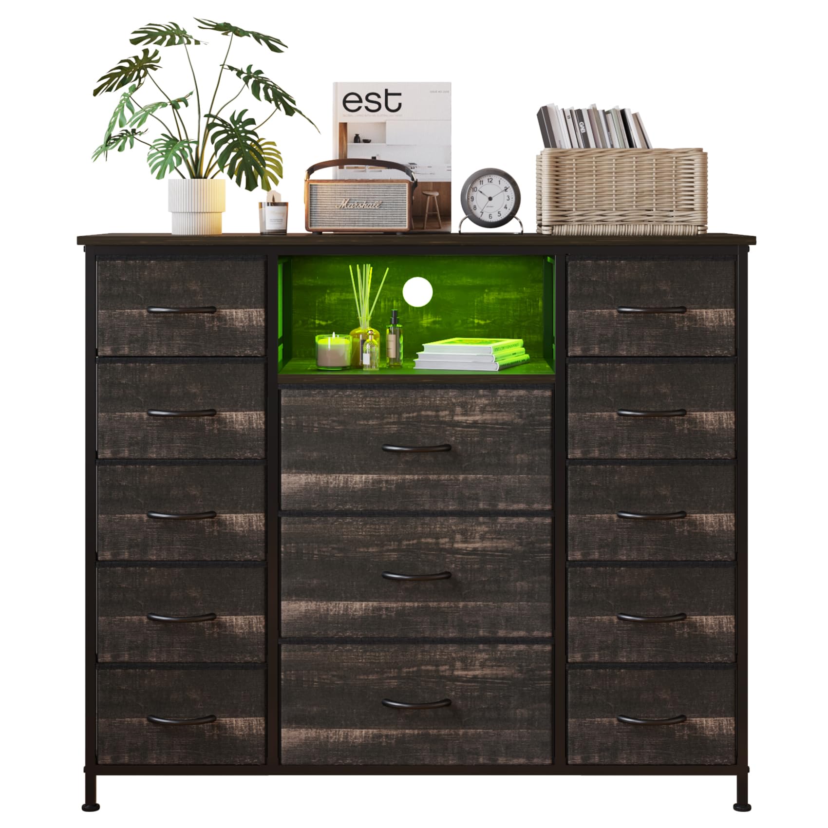 13 Drawers Dresser, Dressers with Fabric Drawers，Open Shelf