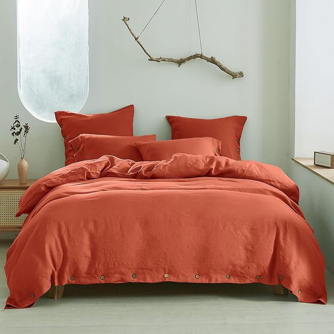 100% Linen Duvet Cover Set 2pcs with Coconut Button Closure Natural French Washed