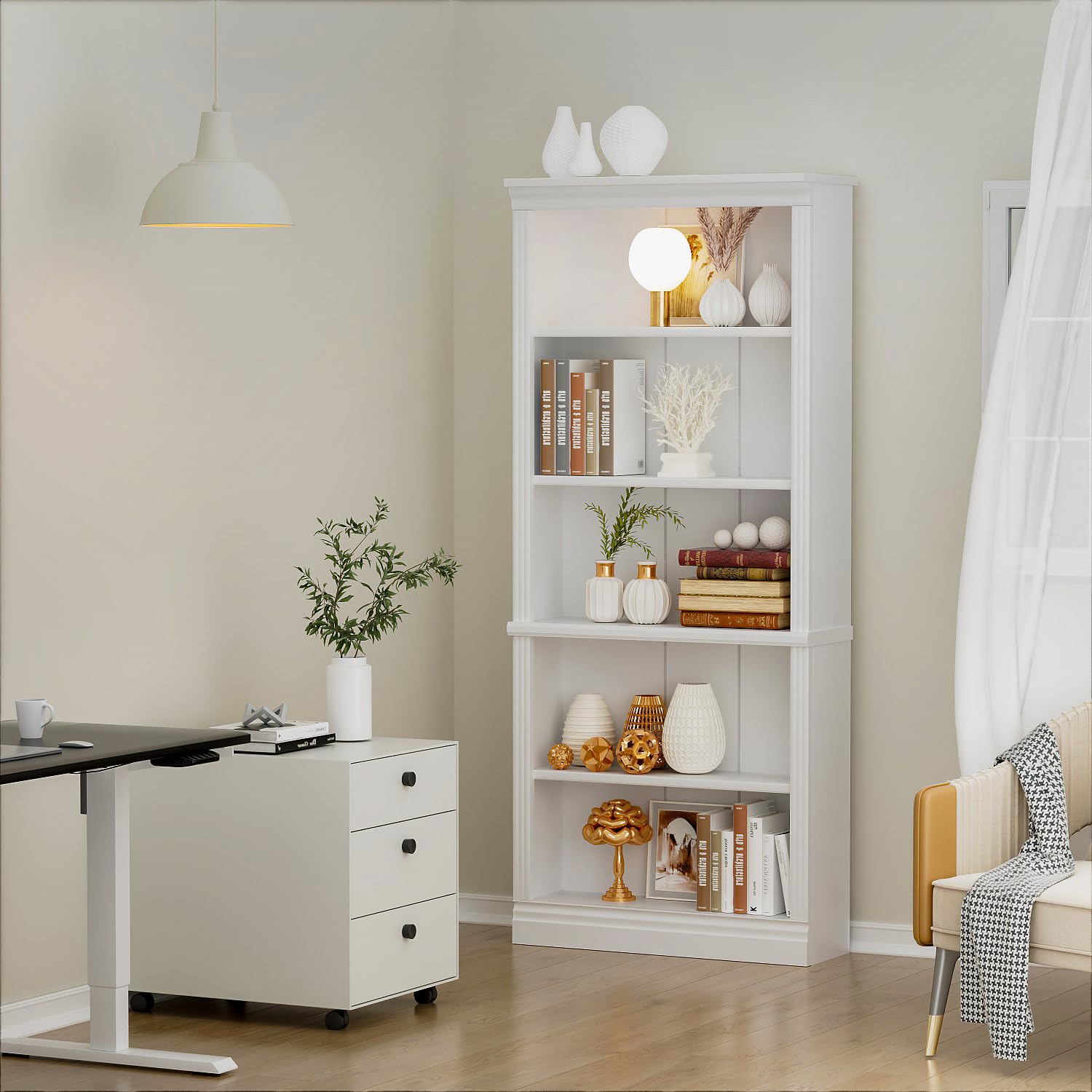 5-Shelf Bookcase, Wooden Standing Rack Book Storage Shelves Furniture Selection for Living Room, Bedroom, Home Office (White)