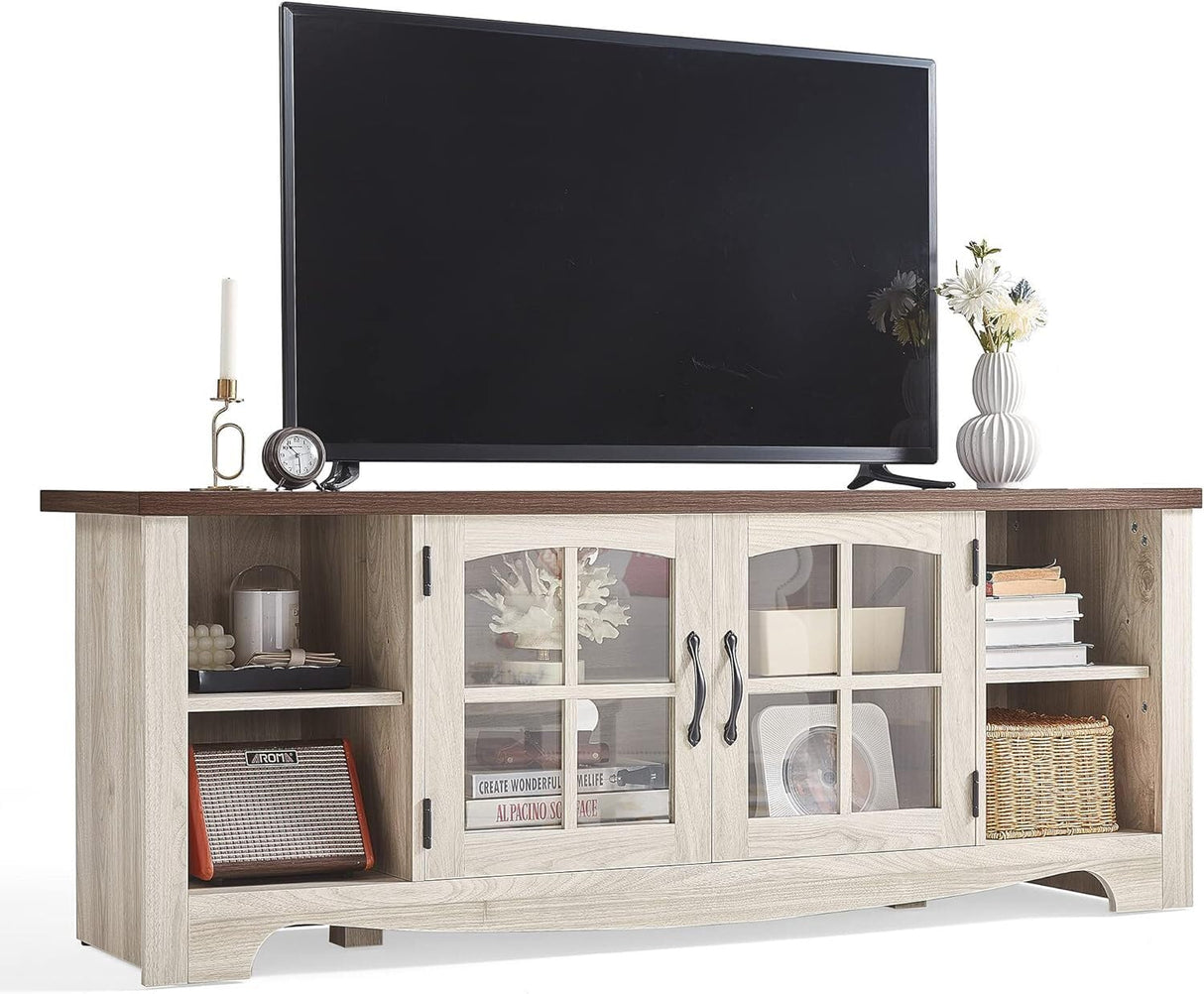 Farmhouse TV Stand for 65 Inch TV, Wood Entertainment Center with Glass Door Storage