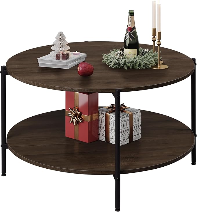 Round Coffee Table, 32.6" Small Coffee Table with Open Storage Shelf