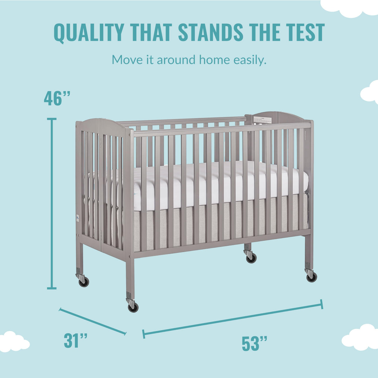 Folding Full Size Convenience Crib In Storm Grey, Two Adjustable Mattress