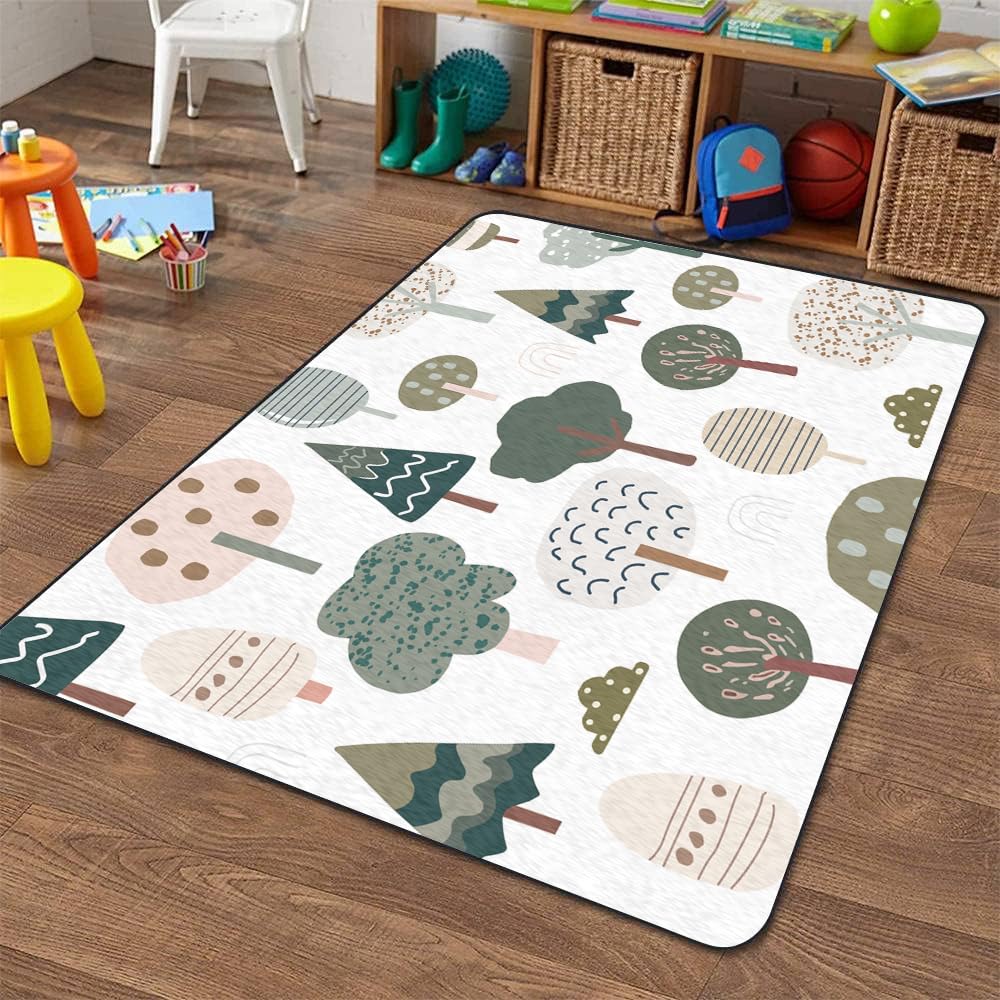 Soft Kids Play Area Rugs 3D Home Seamless Trendy Forest Texture Abstract Hand Drawn Tree Plush Rugs Non Slip Shaggy Carpets for Kids' Bedroom Classroom Playroom Nursery Décor
