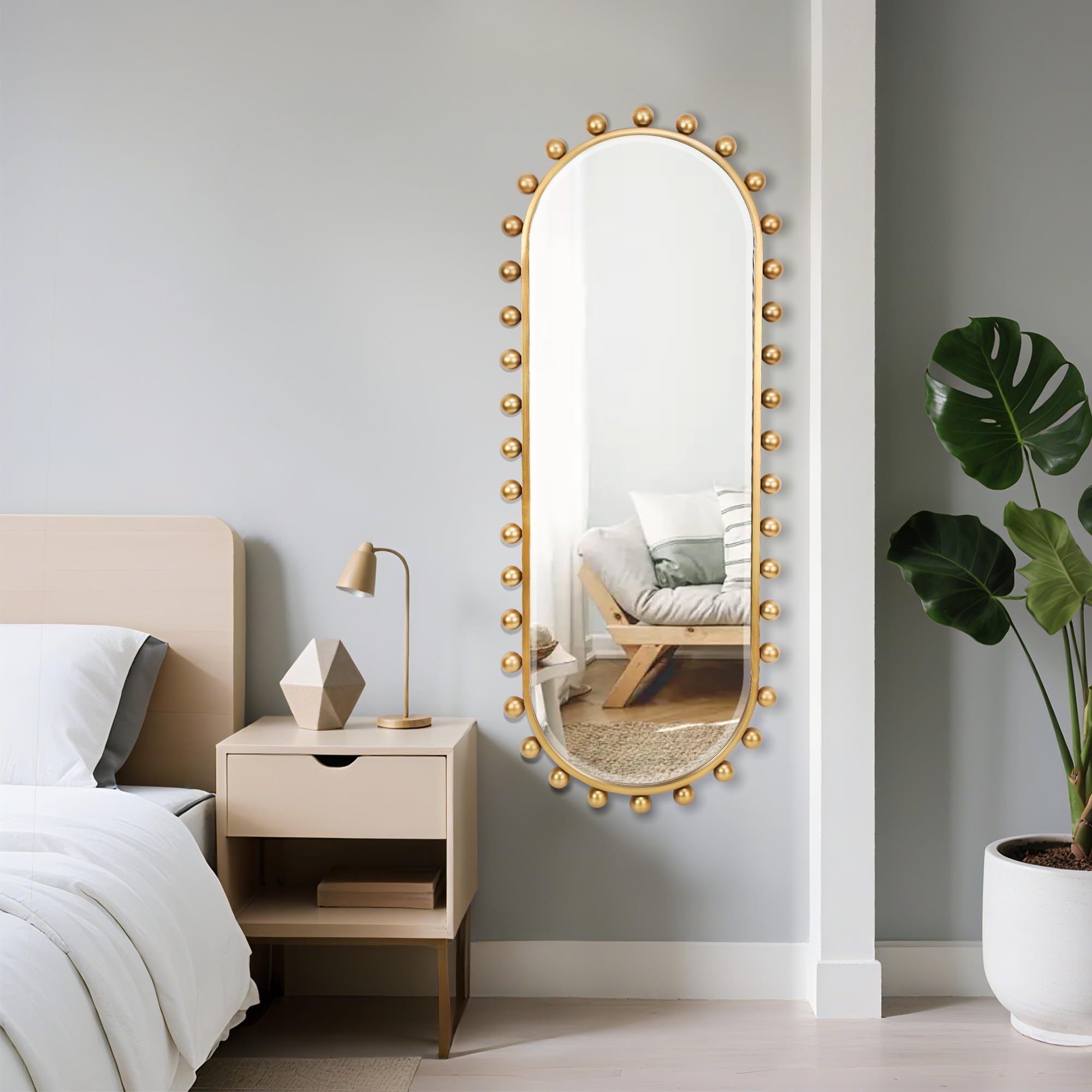 Oval Full-Length Mirror 20x51 - Antique Gold Beaded Beveled Wall Mirror
