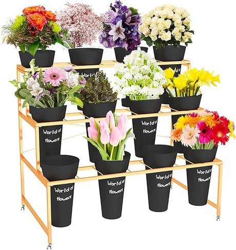 Flower Display Stand With 12PCS Buckets, 3 Layers Metal Plant Stand with Wheels