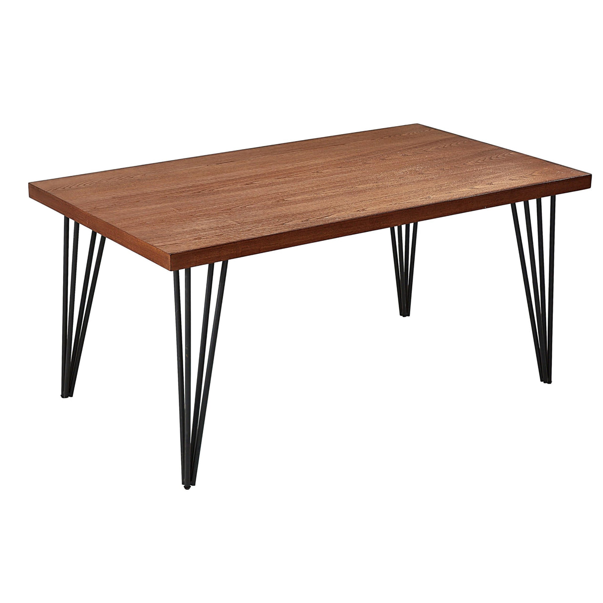 63 Inch Dining Table, Rectangular Elm Veneer Top, Metal Legs, Brown and Black