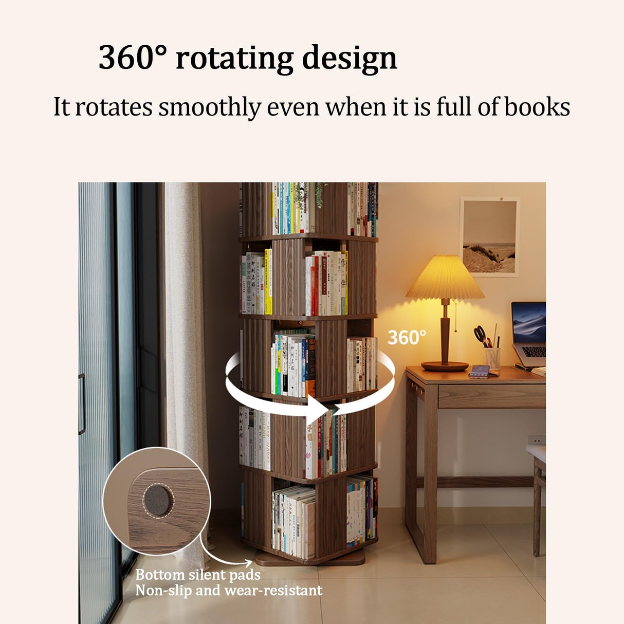 Wooden Revolving Bookcase for Kids & Adults,Floor Standing Display Shelf Storage Rack，3/4/5 Tier Corner Bookcase Rotating Bookshelf tower,360 Square Swivel Bookcase Rotating Bookshelf tower.(Walnut,4-