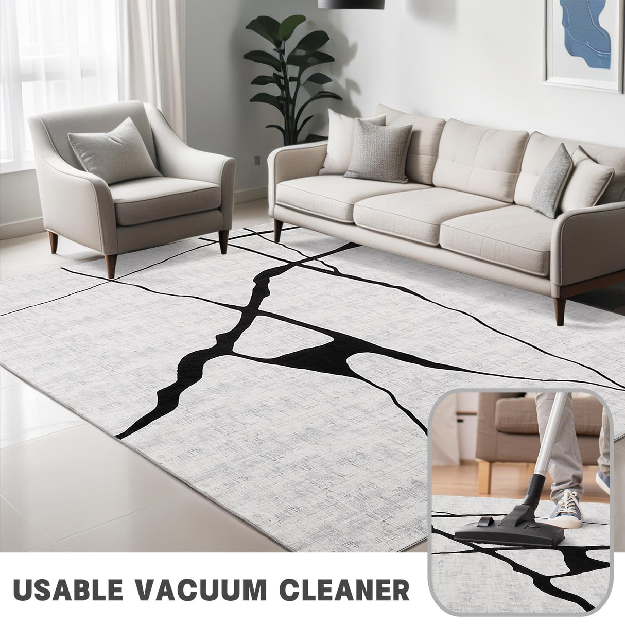 Modern Area Rugs for Living Room, Washable Black and White Rug 5 x 8,