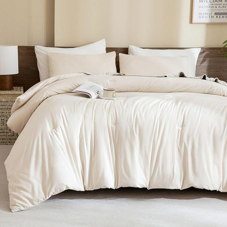 White Comforter Full Size, 3 Pieces Boho Comforter Set, Lightweight Solid Bedding Set,