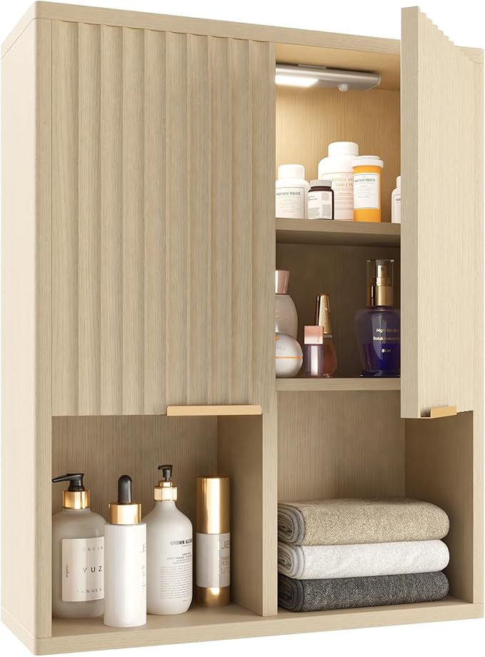 Fluted Bathroom Wall Cabinet with Motion Sensor Light, Curved Profile Wooden Medicine