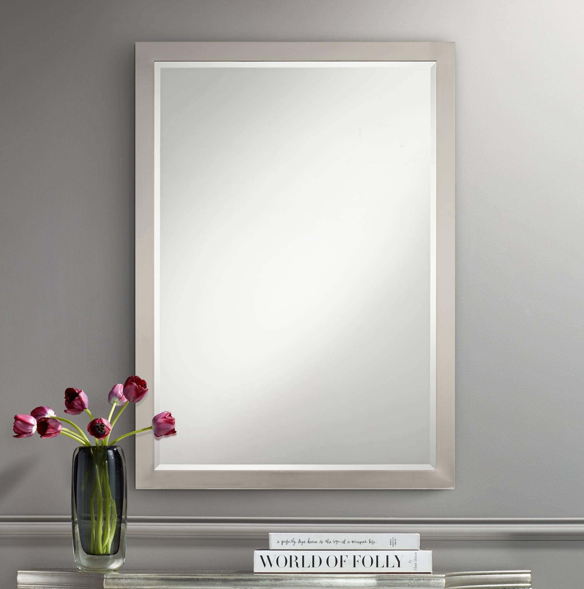 Vanity Decorative Wall Mirror Modern Sleek Brushed Nickel Metal