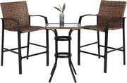 Outdoor Bar Set 3 Piece Wicker BarStools with Footrest & Cushions High Patio Bar Table
