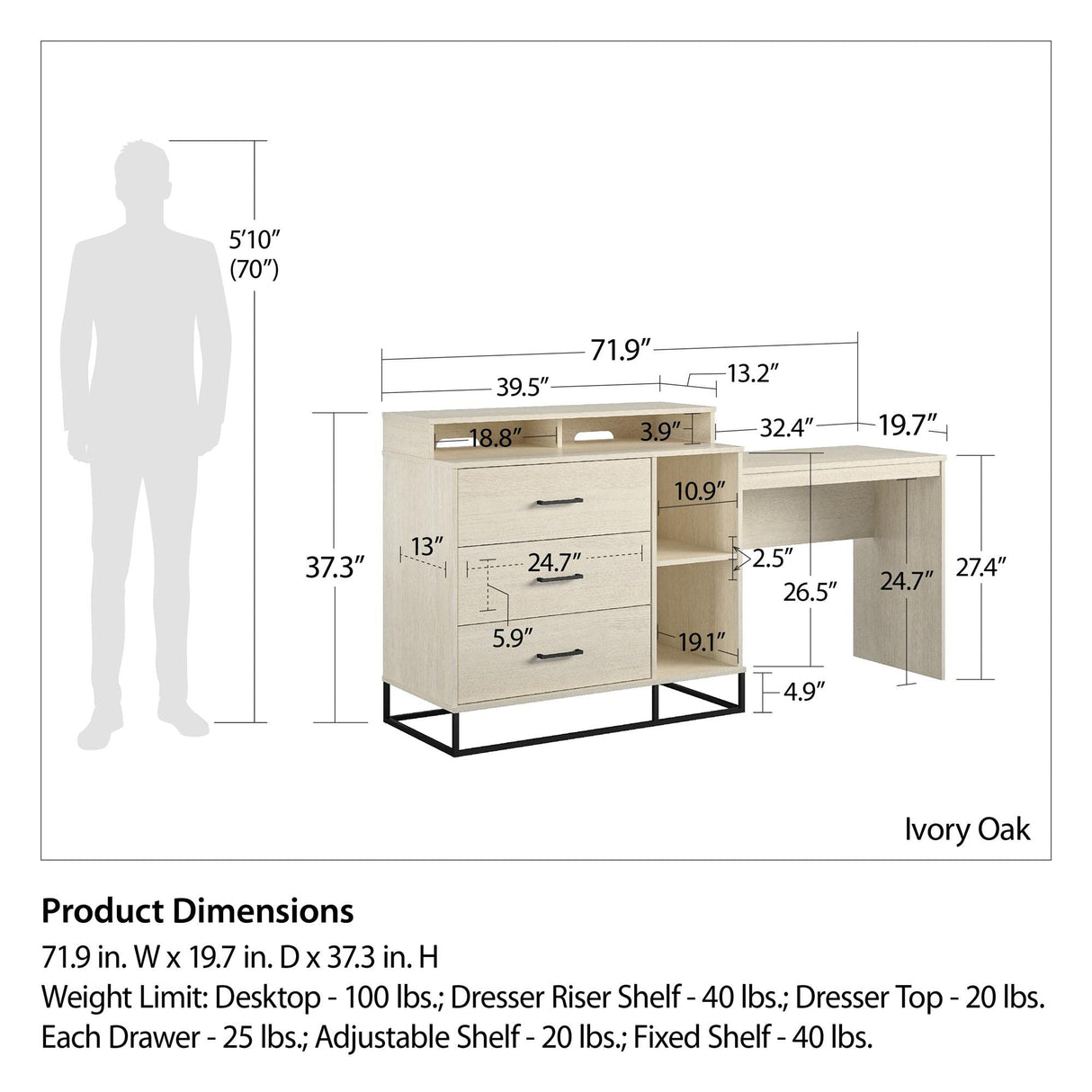 Kelly 3 in 1 Media Dresser and Desk Combo