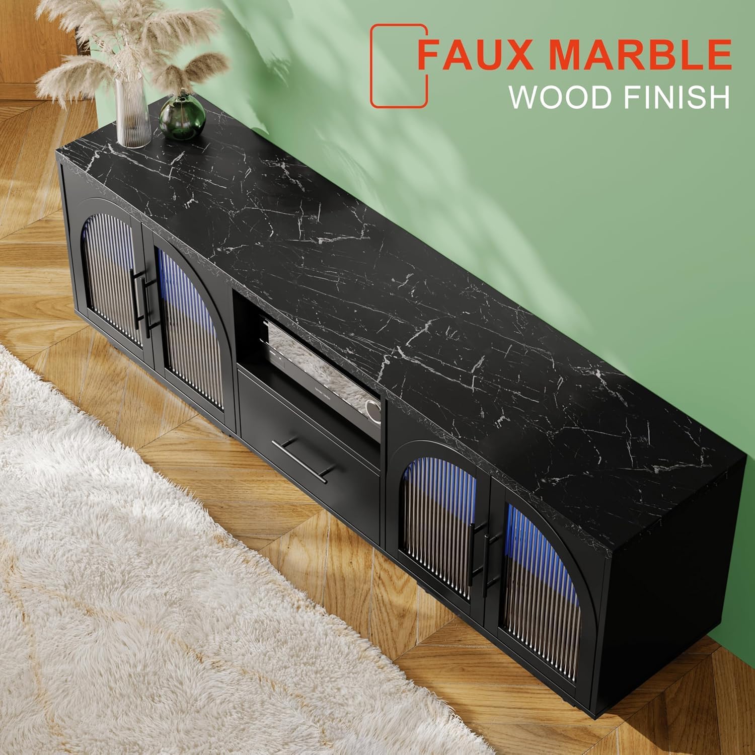 70" TV Stand with LED Lights & Glass Doors