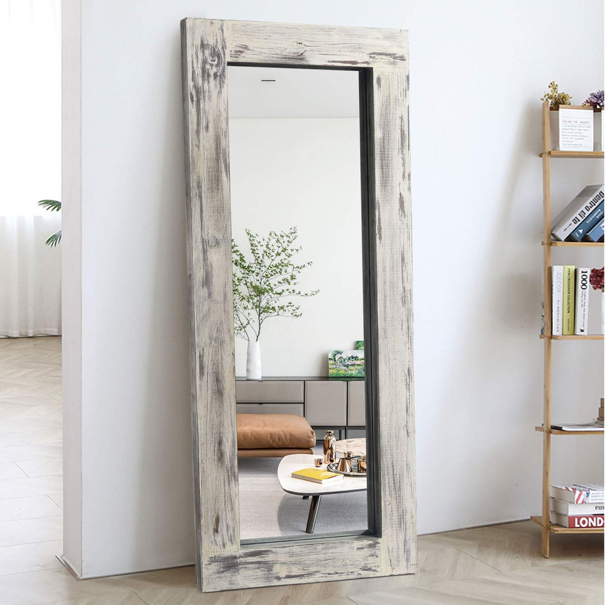 Full Length Mirror Floor Mirror Wood Frame Wall Mounted Mirror Distressed Style Wide Frame Dressing Make Up Mirror for Bathroom/Bedroom/Living Room/Entry/Farmhouse (Light Gray, 58" x 24")