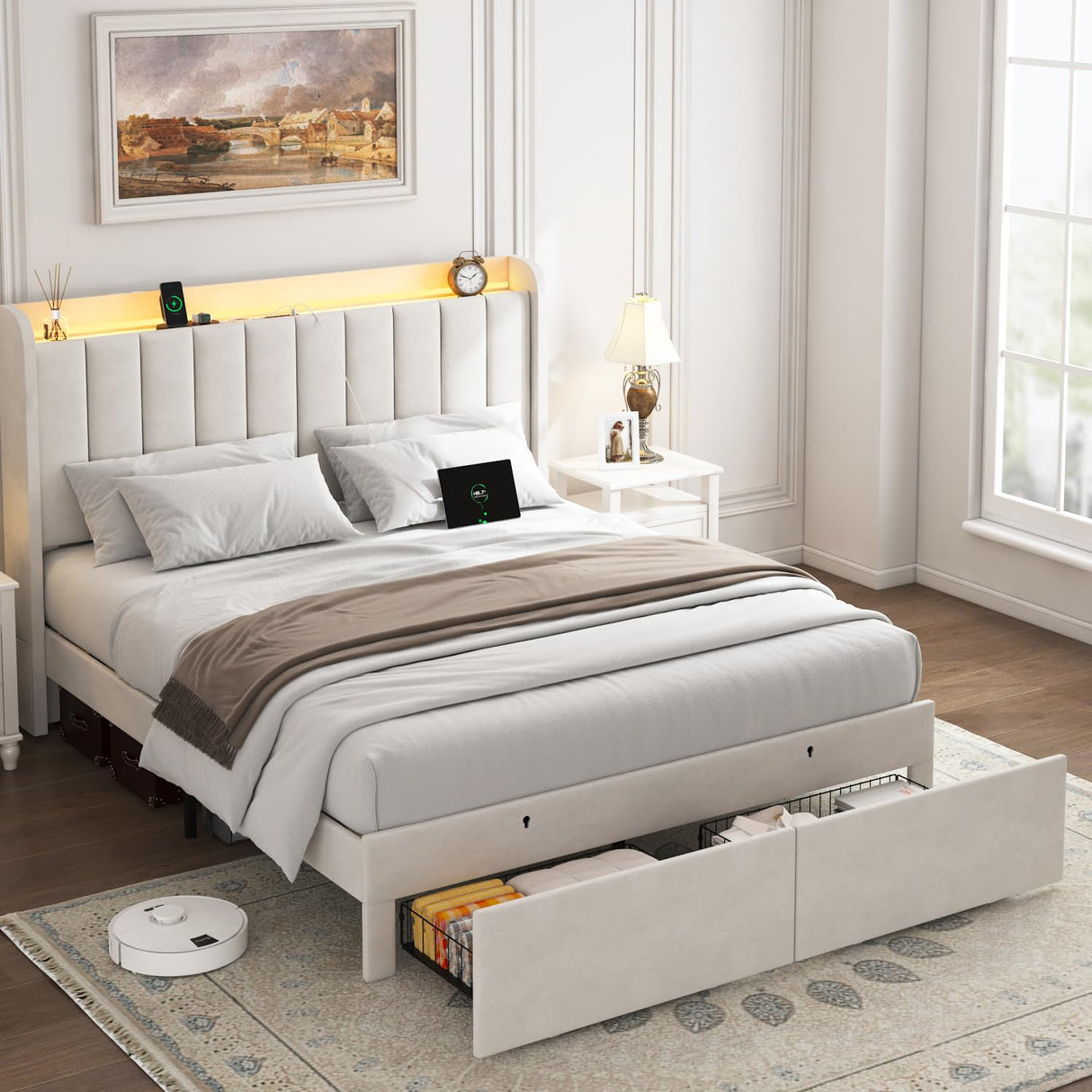 Full Size Bed Frame with Storage Headboard, Upholstered Platform Bed Frame