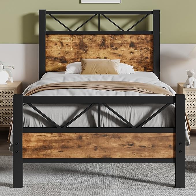 Industrial 51.2" Tall Headboard, King Platform Bed Frame with Heavy Duty Metal