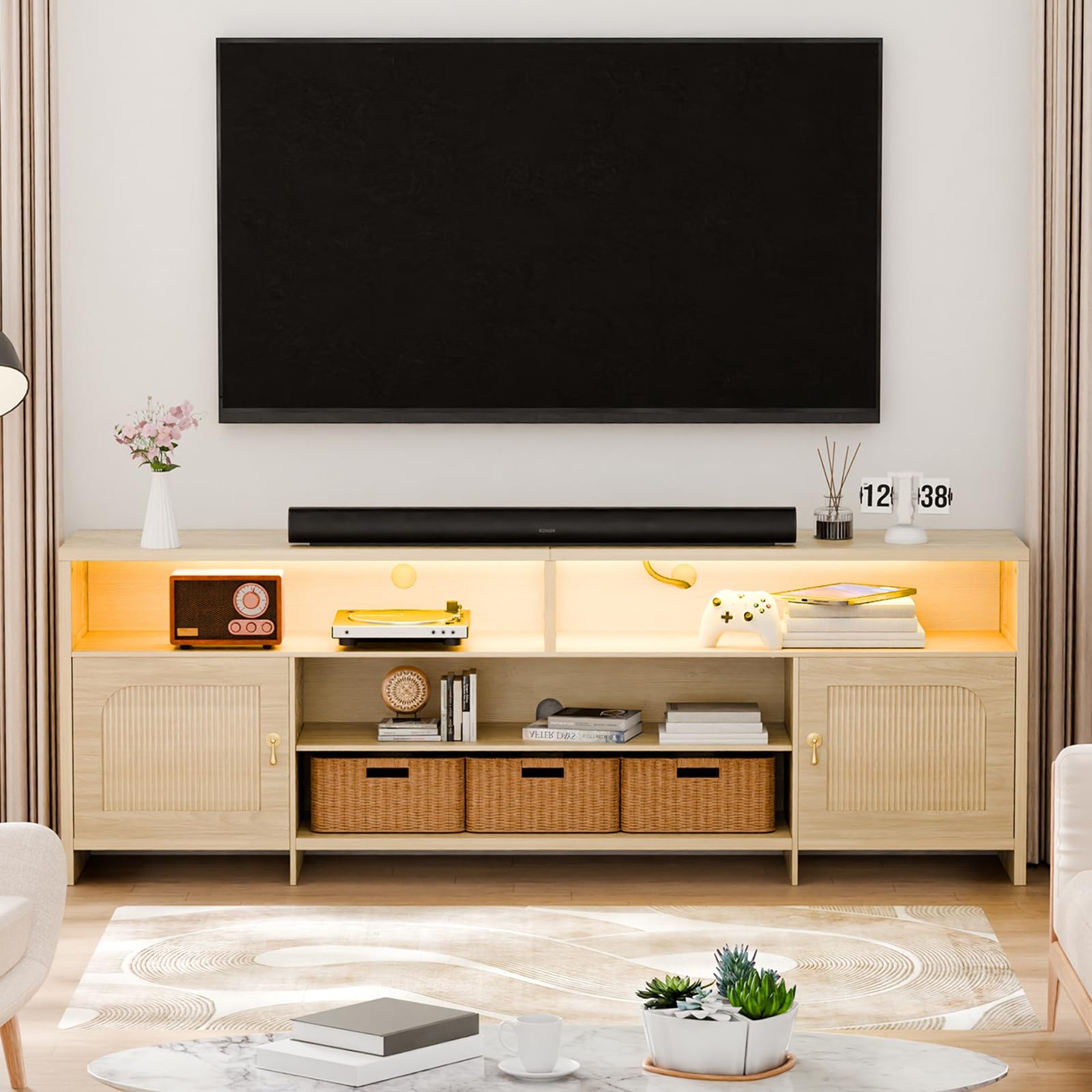 Fluted TV Stand for 70-85 Inch TV with LED Lights & Storage