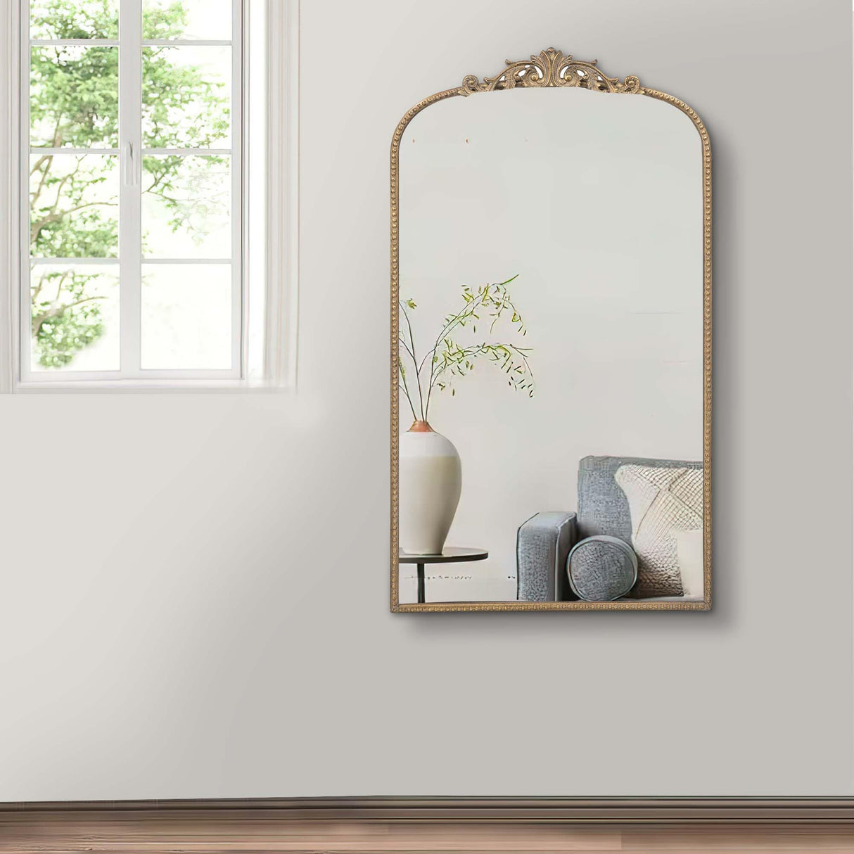 Kea 42 Inch Large Wall Mirror, Curved Metal Frame, Baroque Design,