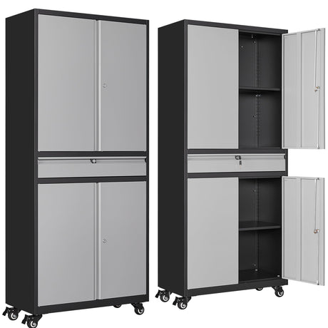 Metal Garage Storage Cabinet with 4 Wheels and 1 Drawer