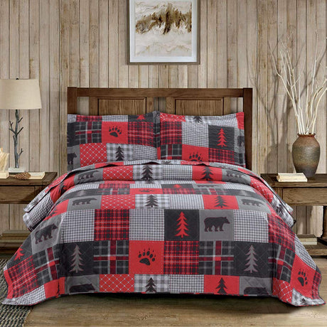 Rustic Bear Quilts Set Full/Queen Size, Red Black Plaid Patchwork Bedding Lightweight