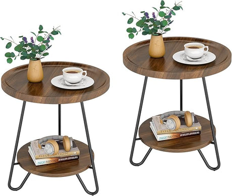 Round Side Table, 2-Tier End Table with Metal Legs, Modern Industrial Beside Table