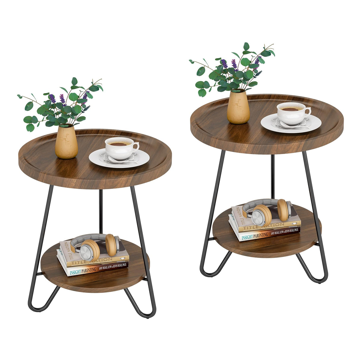 Set of 2 Round Side Table, 2-Tier End Table with Metal Legs, Modern Industrial Beside Table