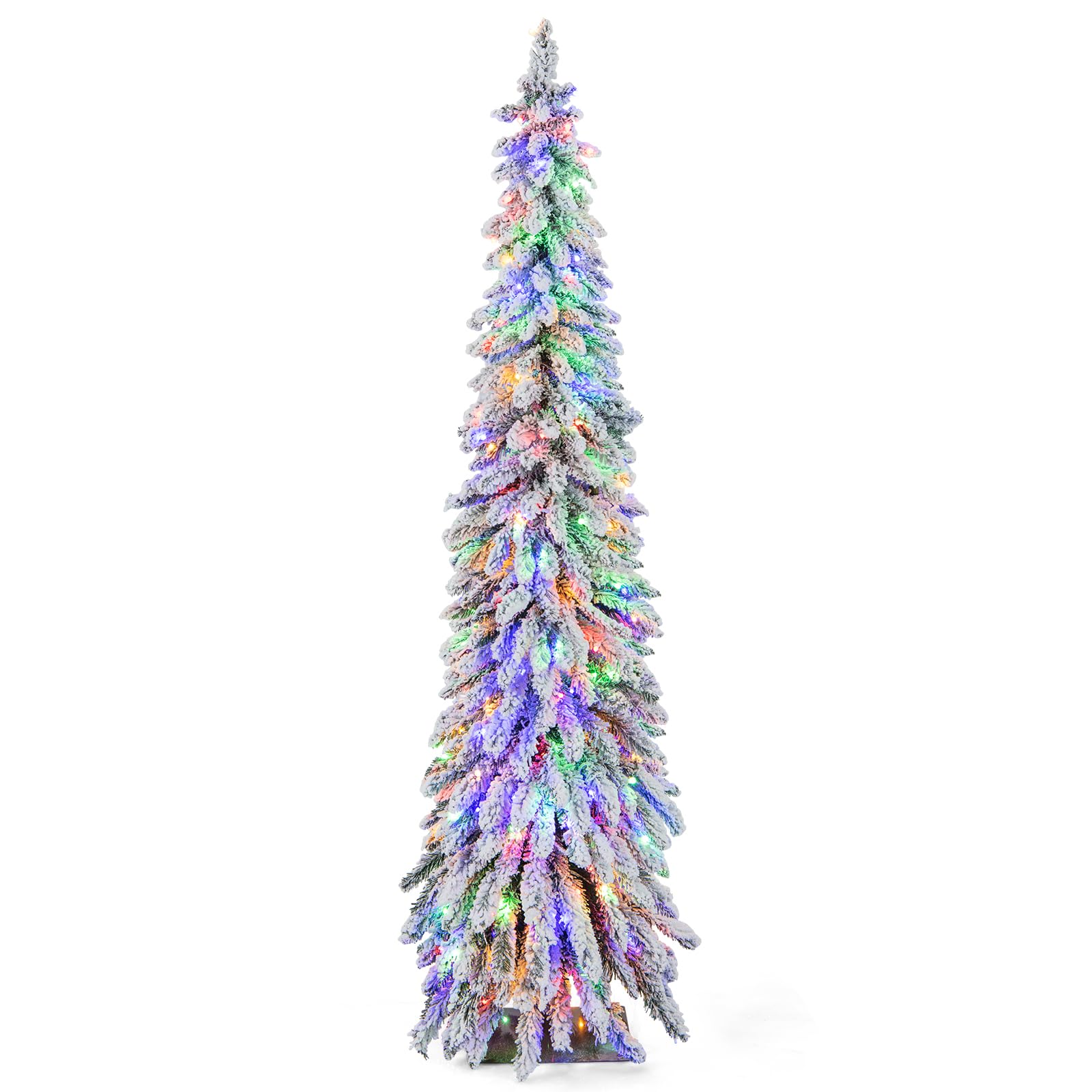6ft Pre-Lit Flocked Christmas Tree, Artificial Slim Xmas Tree with 407 PVC Branch Tips