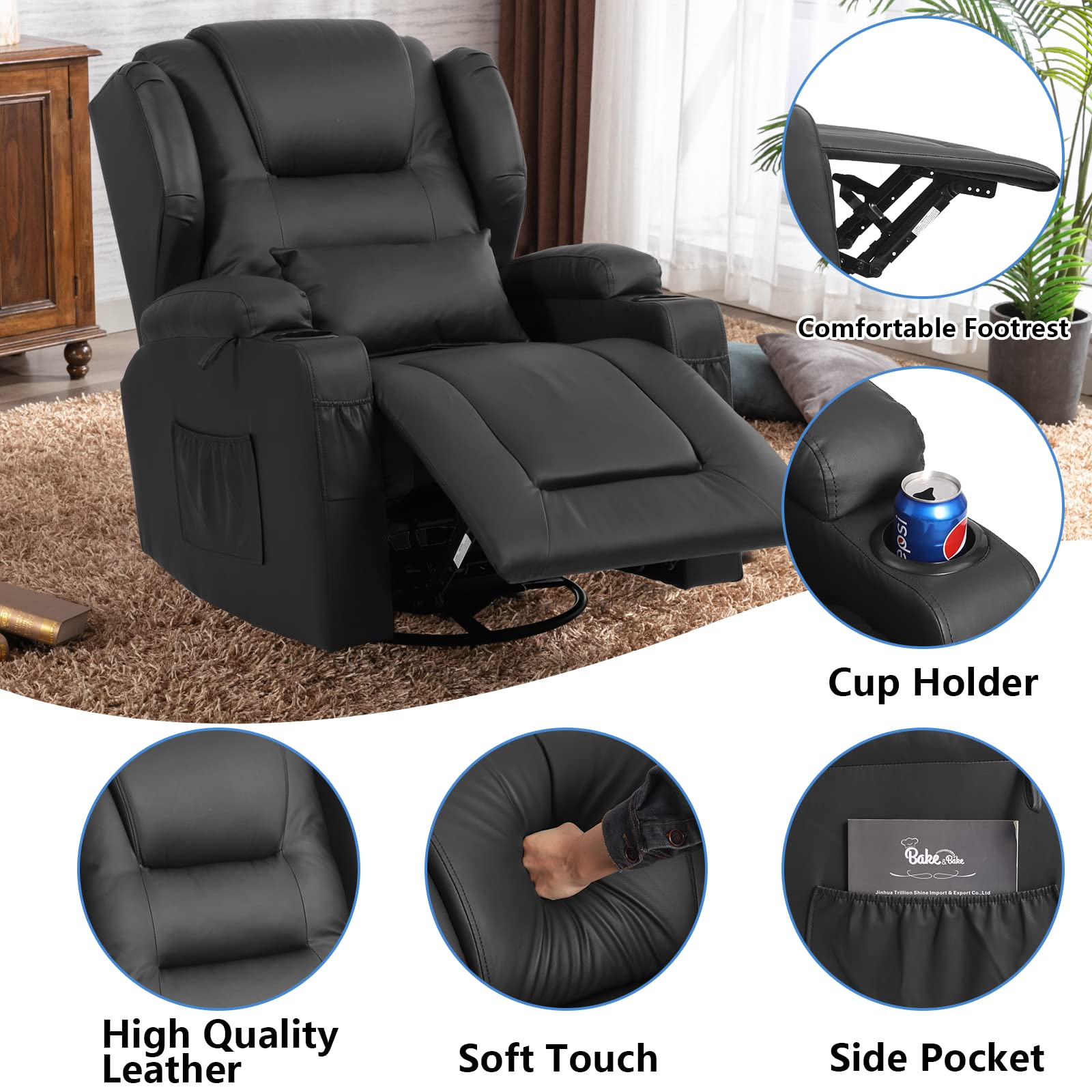 Swivel Rocker Recliner Nursery Rocking Chairs 360 Degree, Manual Glider Recliner Chairs for Living Room,Upholstered Swivel Single Sofa Seat with Cup Holders, Side Pockets, Pillow, Leather