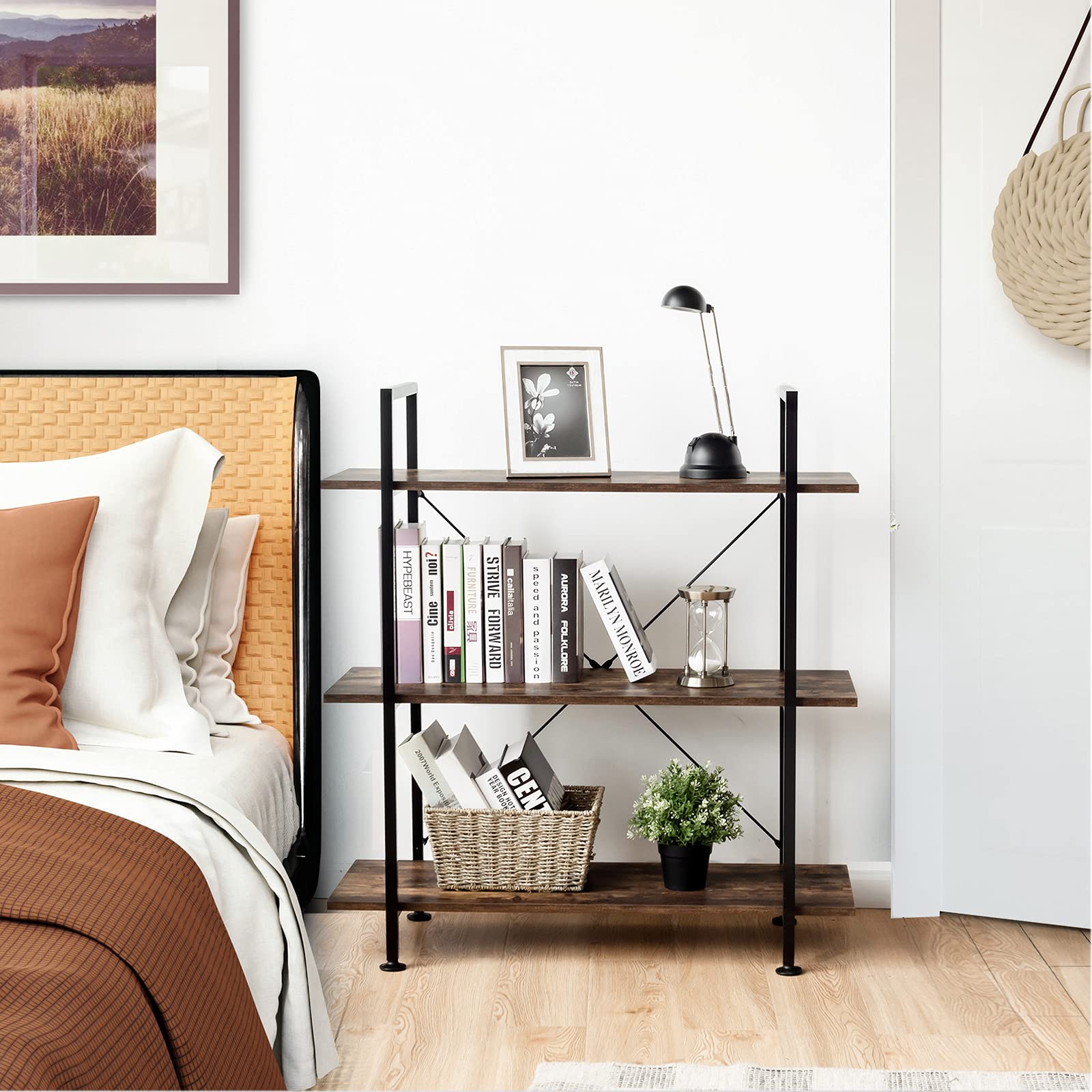 3-Tier Bookshelf Industrial Style Bookcase Vintage Wood Bookshelves